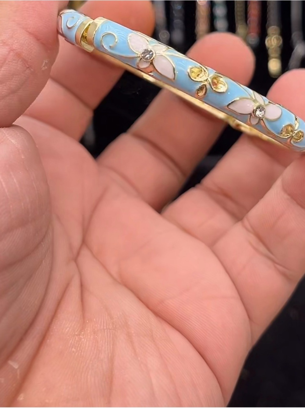 Gold-Tone Blue Enamel Floral Bangle Bracelet